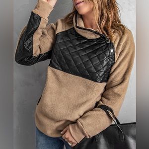 Khaki Buttons Pocketed Quilted Color Block Fleece Sweatshirt